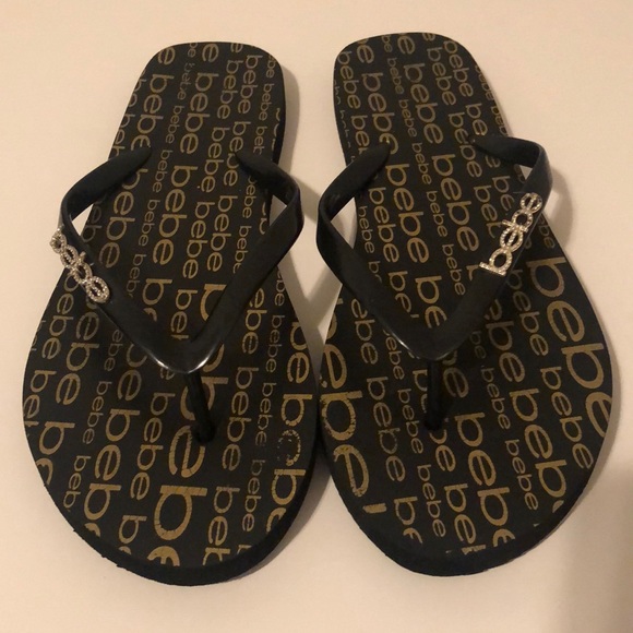 bebe Shoes - BEBE Flip flops Samirah Logo Size 10 Black and Gold